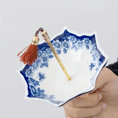 1pc Ceramic Tea Strainer - Blue & White Umbrella Design with Tassel, Compact for Office/Home Decor,for Kung Fu Tea Sets