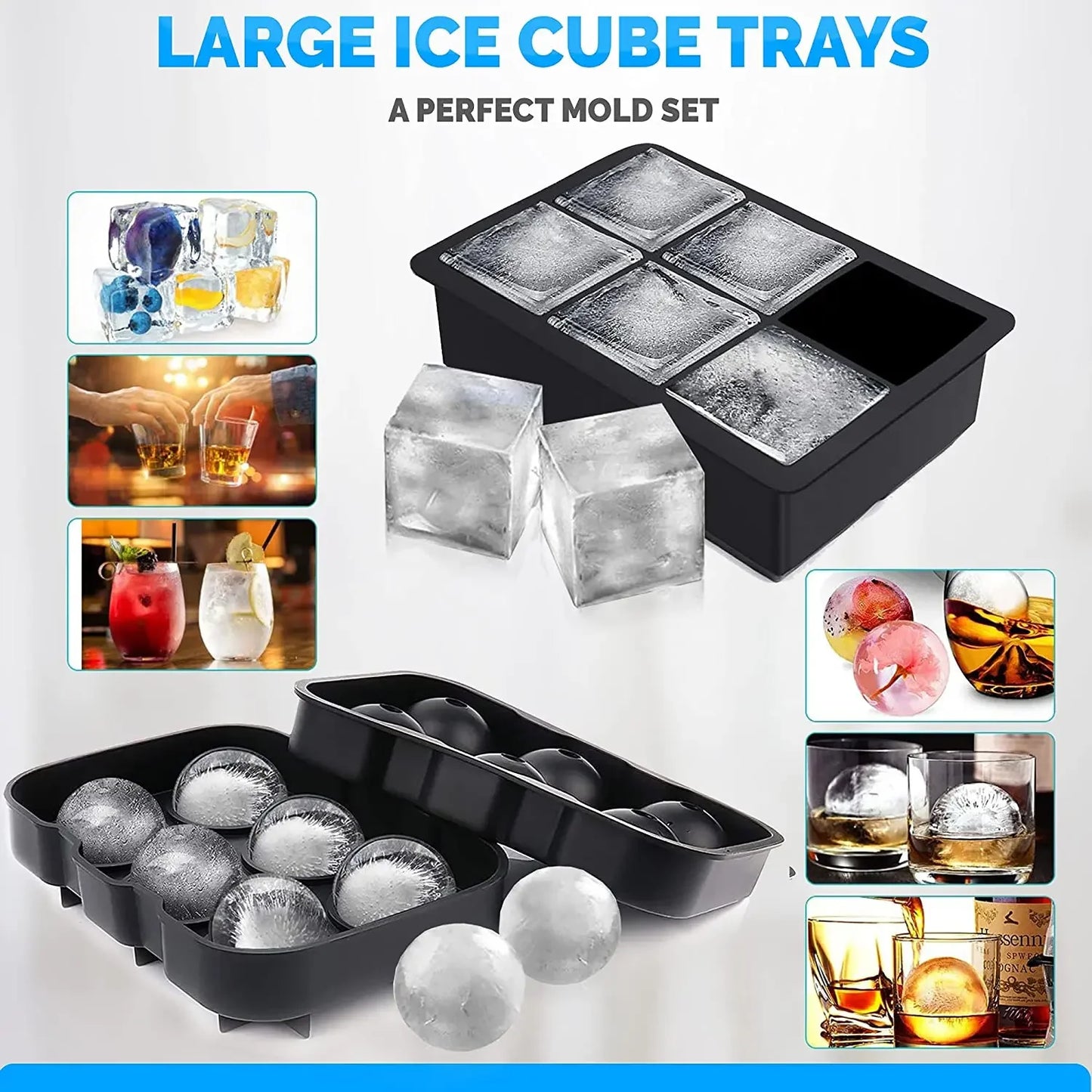 3PCS/Lot Silicone Whiskey Ice Ball Mold Large Ball Maker Mold, Round Sphere, Square Ice Cube Tray，Hole+Grid Square+37 Honeycomb