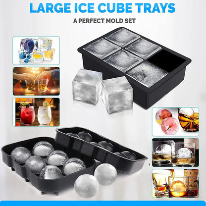 3PCS/Lot Silicone Whiskey Ice Ball Mold Large Ball Maker Mold, Round Sphere, Square Ice Cube Tray，Hole+Grid Square+37 Honeycomb