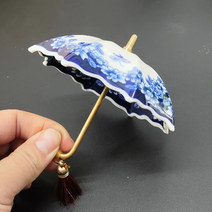 1pc Ceramic Tea Strainer - Blue & White Umbrella Design with Tassel, Compact for Office/Home Decor,for Kung Fu Tea Sets