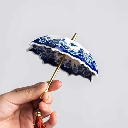 1pc Ceramic Tea Strainer - Blue & White Umbrella Design with Tassel, Compact for Office/Home Decor,for Kung Fu Tea Sets