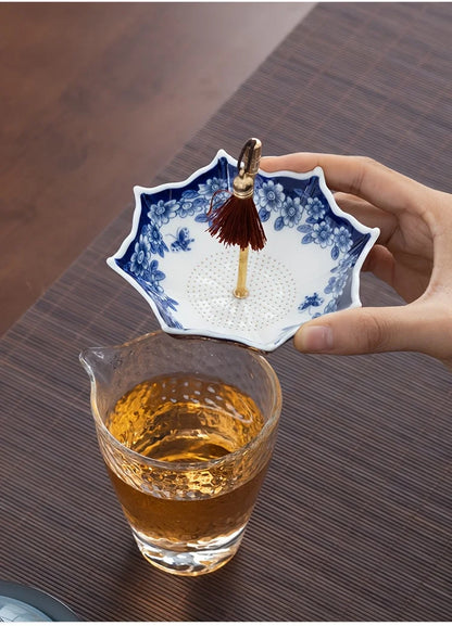 1pc Ceramic Tea Strainer - Blue & White Umbrella Design with Tassel, Compact for Office/Home Decor,for Kung Fu Tea Sets