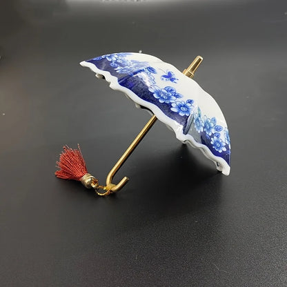 1pc Ceramic Tea Strainer - Blue & White Umbrella Design with Tassel, Compact for Office/Home Decor,for Kung Fu Tea Sets